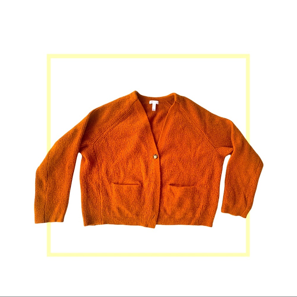 Oversized heavy wool tan camel cardigan sweater.